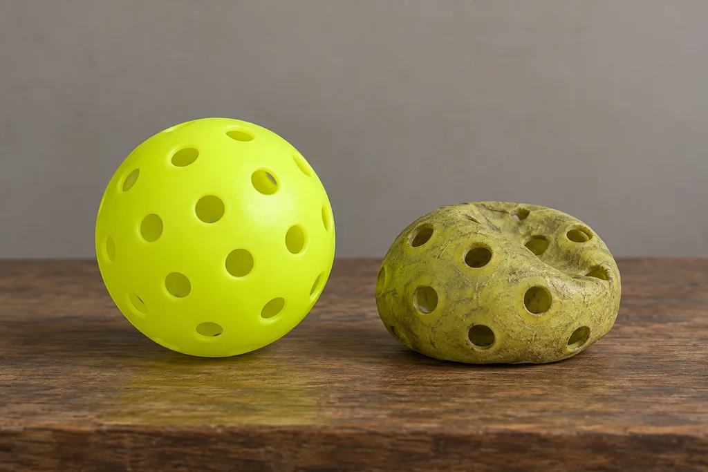 Deux balles de pickleball côte à côte, l'une neuve, l'autre terne et légèrement déformée.