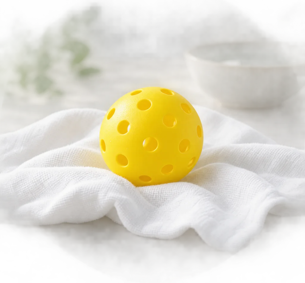 Une balle de pickleball perforée posée sur un chiffon propre, à côté d'un bol d'eau tiède, dans une lumière douce.