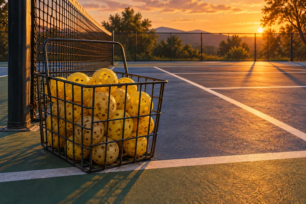 Des balles de pickleball poussiéreuses dans un panier sur le bord d'un court en extérieur.