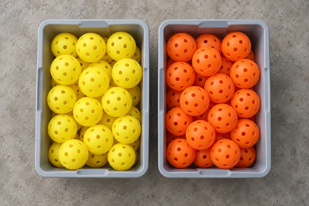 Un seau de balles de pickleball trié en deux bacs, balles à garder et balles à jeter.